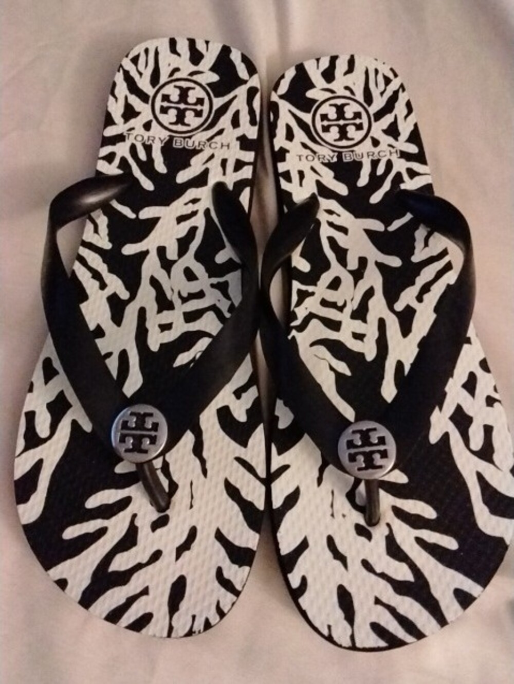 Tory Burch Black and White Zebra-Print Logo Flip Flops - Picture 3 of 8